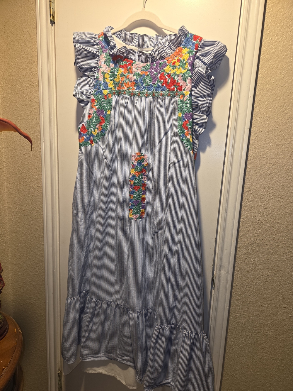 Blue Pinstripe Casual Midi Dress with Multicolor Floral Smocking - Picture 2 of 13